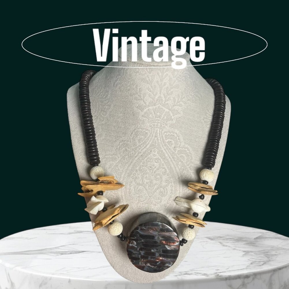 Vintage 80's Handmade Beaded Necklace With Brown Shell Centerpiece & Wood Accent